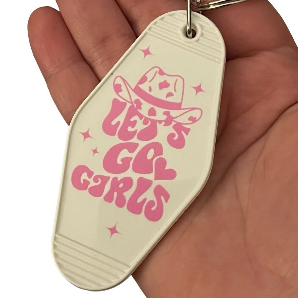 White Cowgirl Hat Pink Font Motel Keychain